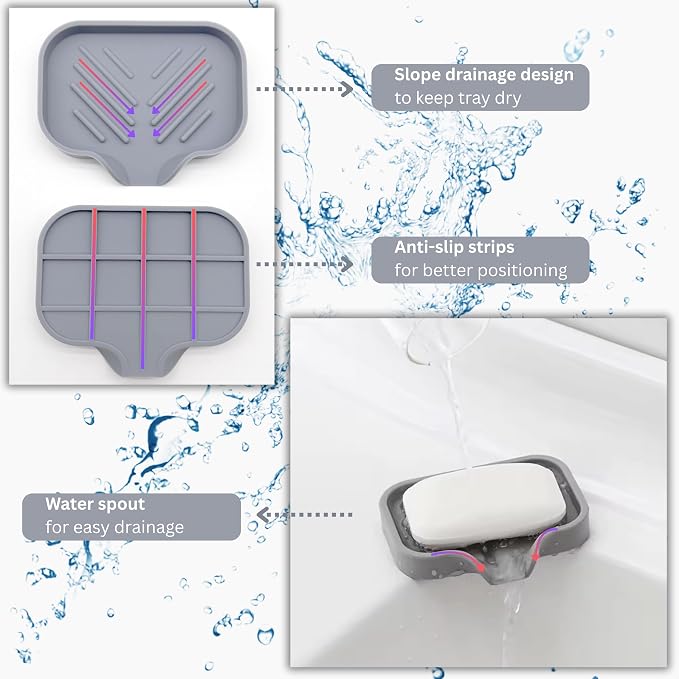 Silicone Soap Tray, Soap Dish with Drain Spout, Bathroom and Kitchen Sink Counter Organizer, Sponge Holder, Perfect for Dispenser, Scrubber, Bottle, Cup on Sink or Counter - Large and Small Set