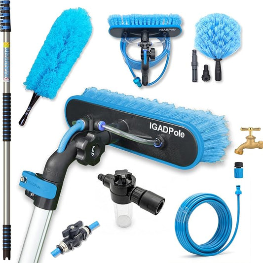 IGADPole 20 FT Water-Fed Cleaning Kit – Extendable Telescopic Pole with Soap-Dispenser, Brush & Cobweb Duster, Adjustable 5-20 FT Handle for Safe High Window, Gutter, Solar Panel & Exterior Cleaning