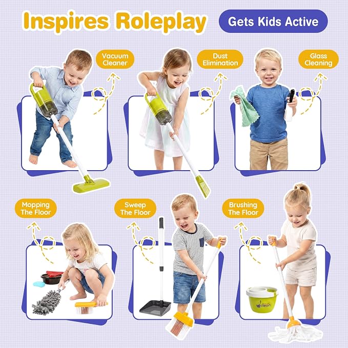 Dreamon Toddler Cleaning Set - 14Pcs Kids Cleaning Toy Set with Kids Vacuum | Blue Pretend Home Cleaning Play Set for Toddler Age 3-7, Toddler Vacuum Toy that Works,Christmas Birthday Gift for Girls Boys