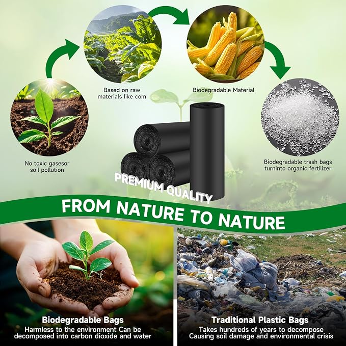 8 Gallon Trash Bags Black Biodegradable - Medium Kitchen Size 8 Gal Garbage Bag Unscented 80 Count Compostable Recycling Strong Thick Office Waste Basket Liners Bulk Chenyucheng