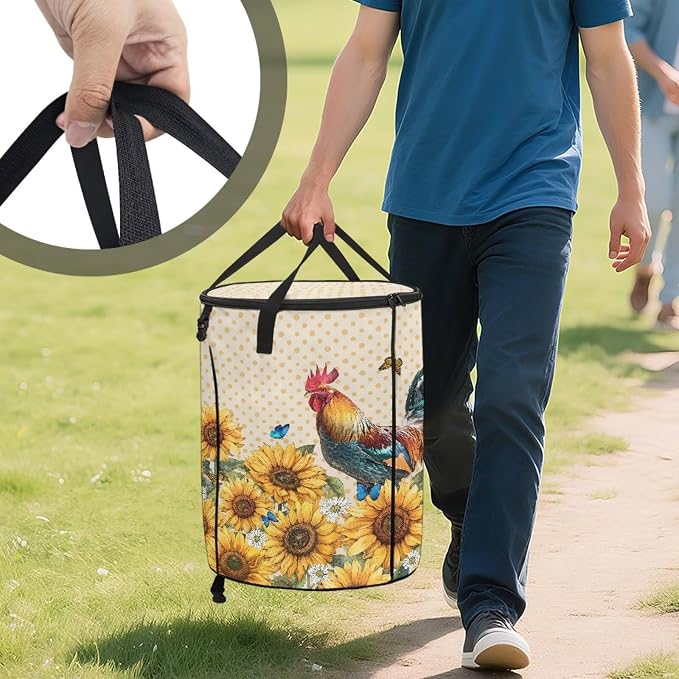 Sunflower Rooster Outdoor Collapsible Trash Can Lightweight & Easy to Carry Pop up Trash Can for Camping Foldable Waterproof Camping Essentials 24 Gal Yard Garden Garbage Bin