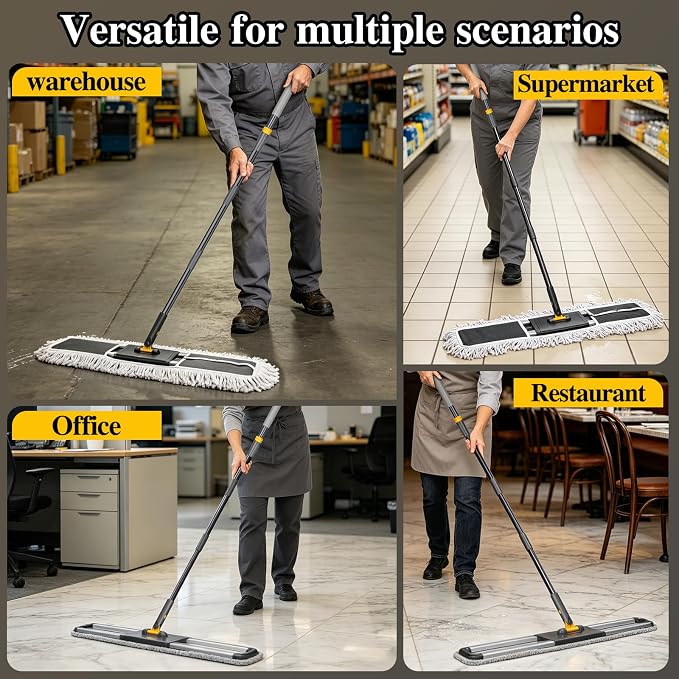 36” Commercial Dust Mop with 62” Adjustable Handle & 3 Reusable Pads | Large Heavy Duty Industrial Push Mops for Home,Hotel,Mall,Warehouse