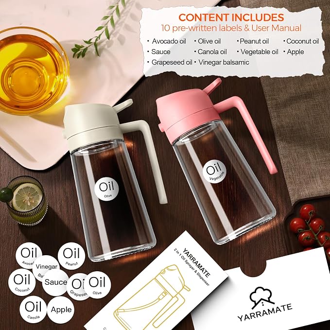 YARRAMATE 2Pcs 16oz/470ml 2 in 1 Oil Sprayer for Cooking with Stickers, Food-grade Glass Oil Spray Bottle, Oil Dispenser and Oil Sprayer for Kitchen, Salad, Frying, BBQ (White &Black) | Food-grade dispenser bottle, 470 ml, spray and pour, portion contr...