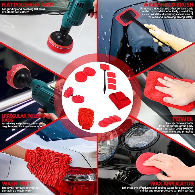 35Pcs Car Detailing Kit, Car Cleaning Kit and Detailing Brush Set | Windshield Cleaner Tool, Long Wheel Brush & Angled Brushes, Polishing Pads & Wax Pads, Red Tool Box, Gift for Men