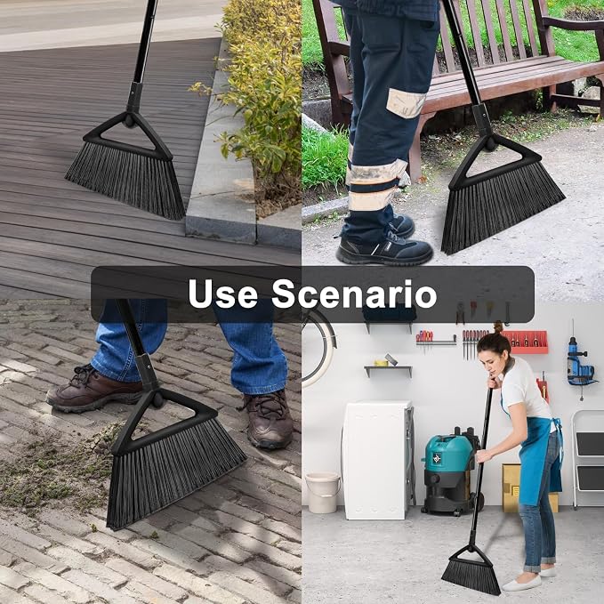 Heavy Duty Black Angle Broom with Long Handle - 4 Pack | Versatile indoor/outdoor sweeping, for courtyard/garage/sidewalk/kitchen/lobby/canteen, durable & efficient