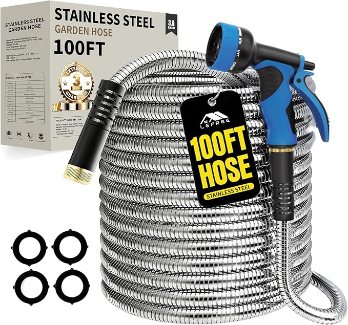 Lefree 100ft Metal Garden Hose with Upgraded Leak‑Proof Rubber Sleeve | Kink Free, Burst resistant, Tangle-free, Flexible 5/8 in Water Hose for Stronger Water flow, 550 PSI, for Yard, RV, Pet Bath