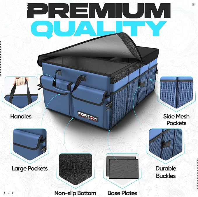 FORTEM Trunk Organizer - Foldable Car Organizer & Storage for SUVs & Trucks | Car Accessories for Men Women, Collapsible Bag, Non Slip Bottom, Straps, Soft Cover, 600D Oxford, Blue, 3 Compartments, 50L