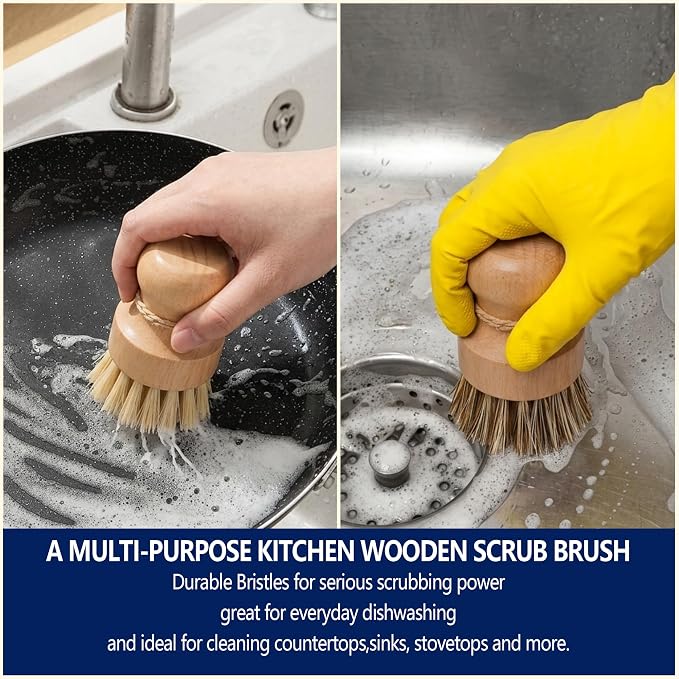 Wood Dish Brush, Natural Fiber Kitchen Scrubber with Ergonomic Grip, 3 Pack | Eco Palm Dish Scrub Brush Set, Natural Rubber Wood Grip Handle for Cleaning Dishes, Pots, Pans, Sink, Tableware, Vegetables