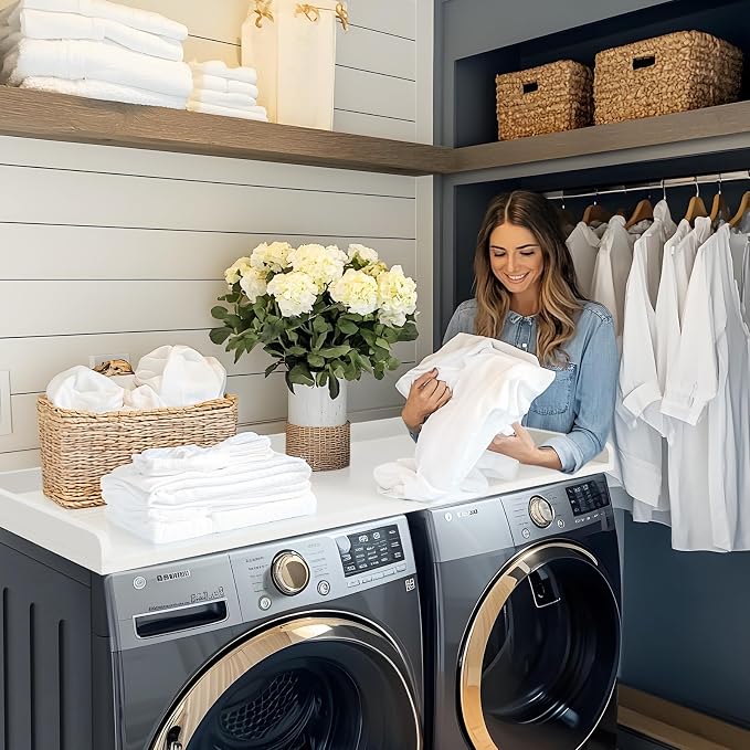 Washer Dryer Countertop, Melamine Countertop with Edge Rails - 27.5" Depth x 54" Width Laundry Room Organization, White