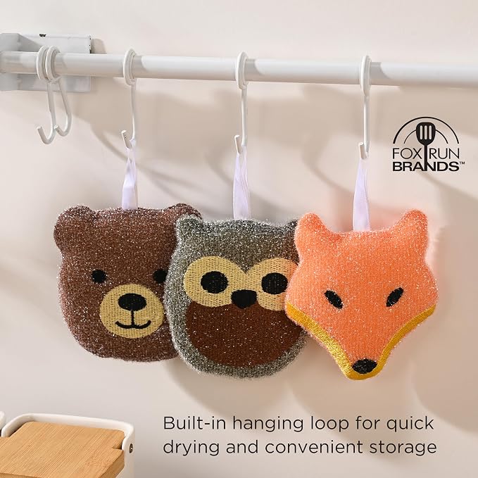 Fox Run Woodland Animal Sponge Set, Non-Abrasive Fox, Owl & Bear Scrubbers | Easily Clean Plates, Pots & Glasses | Dish Sponges For Nonstick Pans | Cute Kitchen Décor | Reusable Animal Scrub Sponge Set