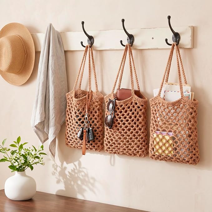3 Hanging Baskets,Dark Brown,Mesh,Cotton Rope | Wicker Wall Baskets with Hooks for Fruit Vegetable Onion Storage, Teardrop Organizer for Kitchen, Boho Farmhouse Decor