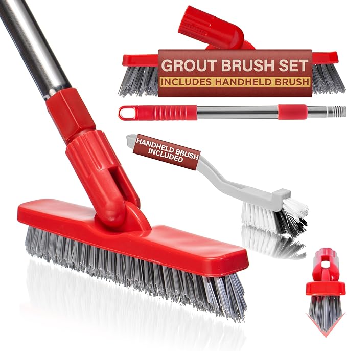Foxtrot Living Grout Brush with Long Handle and Scrubber, Telescopic | V-shaped, telescopic handle, handheld scrubber included, for tile floors