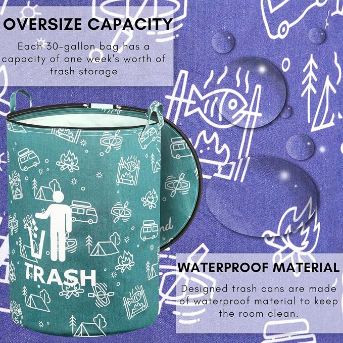 30 Gallon Collapsible Trash Can for RV Camping, Zip Lid | Portable, reusable. For RV, recycling, yard waste, leaf bag, toy bin, hiking, travel, weeds. Folds flat for storage.