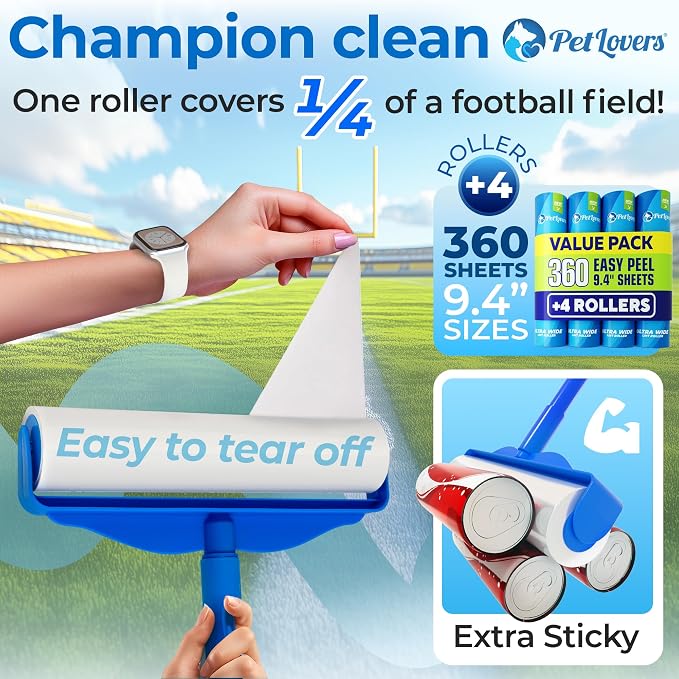 PetLovers Large Lint Roller with 3 Refills – 360 Total Sheets for Tackling Pet Hair, Extra Large Floor and Carpet Roller for Homes with Pets, Perfect for Floors, Furniture, and Loving Pet Owners