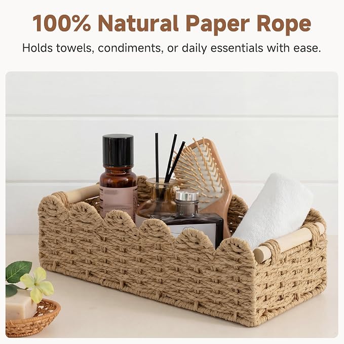 StorageWorks Toilet Paper Storage Basket, Toilet Basket with Wooden Handles | Scalloped Wicker Basket for Living Room, Decorative Scalloped Baskets for Storage, Wicker Baskets for Organizing and Decor
