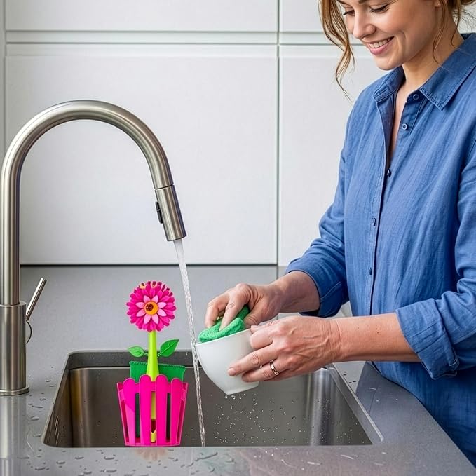 Vigar Flower Power Kitchen Sink Caddy Organizer, Pink | Dish Sponge Holder, Suction Cup and Sponge for Kitchen Sink, Decorative Kitchen Sink Accessories, Countertop Storage Set