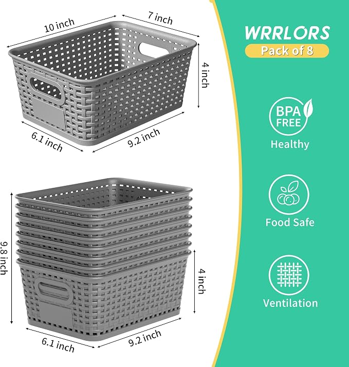 8 Pack Plastic Storage Baskets,Grey Stackable Bins with Lid | 5.3qt Storage Containers with Labels for Organizing Shelves Drawers Desktop Closet Playroom Classroom Office