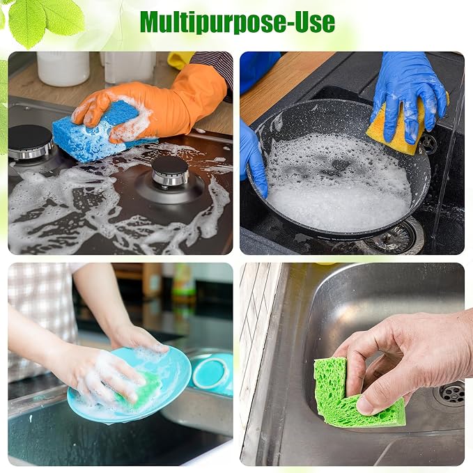 12 PCS Kitchen Sponges, Natural Compressed Cellulose Sponges, Non-Scratch Reusable Sponges for Kitchen Dish Washing, Scrub Sponge for Cleaning, Bathroom, Cars, Cut-Outs DIY