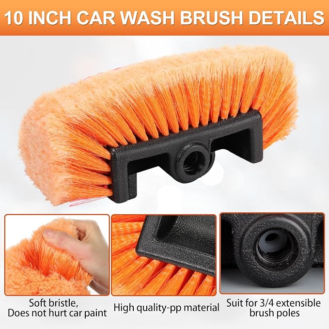 Tanlade 2 Pcs Car Wash Brush Heads Soft Bristle Flow Thru,10 Inch,Orange | Replacement Heads for Exterior Cleaning, Compatible with Auto Truck RV Boat Camper, Gentle Bristles Protect Paint Finish