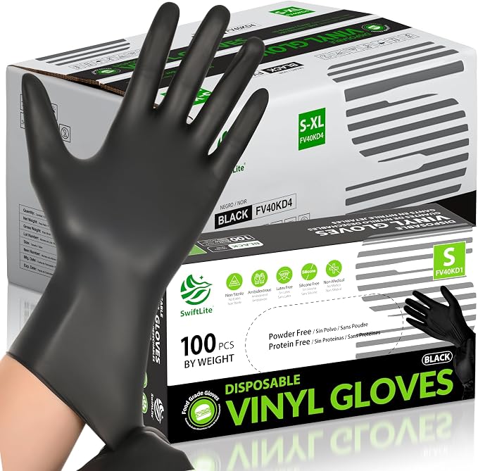Black Vinyl Gloves, Food Grade Gloves Disposable Latex Free | Powder Free Guantes for Cleaning, Cooking, Food Prep