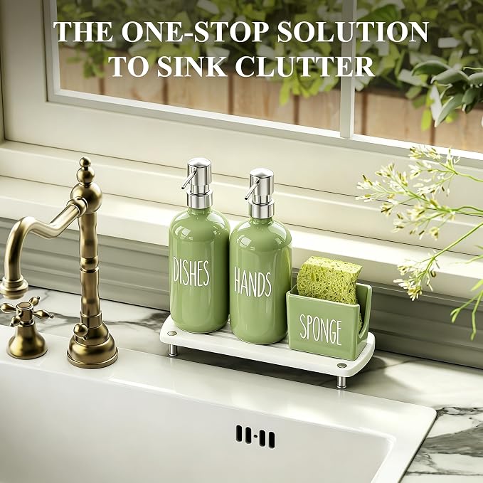Cisily Olive Green Kitchen Soap Dispenser Set with Ceramics Sponge Holder | Stainless Steel Silver Pumps, and Instant Dry Tray, Hand and Dish Soap Dispenser Set, Kitchen Sink Olive Green Decor