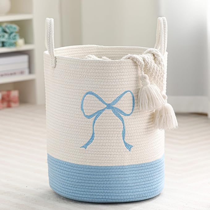Honeydak Blue Laundry Basket Bow Hamper Coquette Laundry Basket Cotton Rope Blue Hamper 15 x 17.7 Inches Toy Box Large Coquette Bow Teens Girls Room Storage for Blanket Toys Clothes Organization