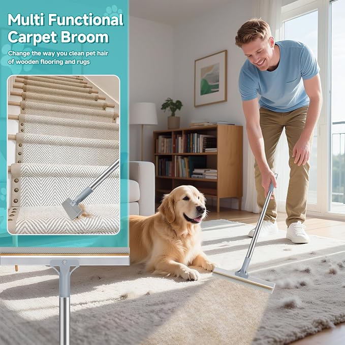 Carpet Rake for Pet Hair Removal Tool, Reusable Pet Hair Remover Broom | Dog&Cat Hair Remover Scraper Rake with 54” Adjustable Long Handle, 3 Pcs Carpet Brush Rake for Rugs, Mats, Couch, Furniture
