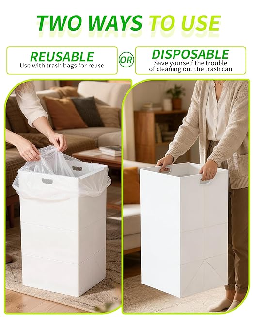 Kaiferty 30 Gallon Disposable Trash Cans for Parties, 4 Pack Extra Large Collapsible Pop Up Trash Can with Handles, Portable Cardboard Garbage Can & Recycling Bin for Party Kitchen Camping, White