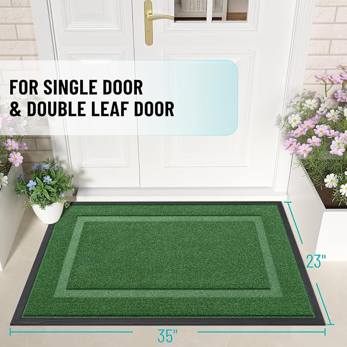 OLANLY Front Door Mat Outside 35x23, All-Season Heavy-Duty Rubber Doormat | Green, Absorbent, Stain and Fade Resistant, Waterproof Non-Slip Backing, Low-Profile Indoor Outdoor Floor Mat for Entryway