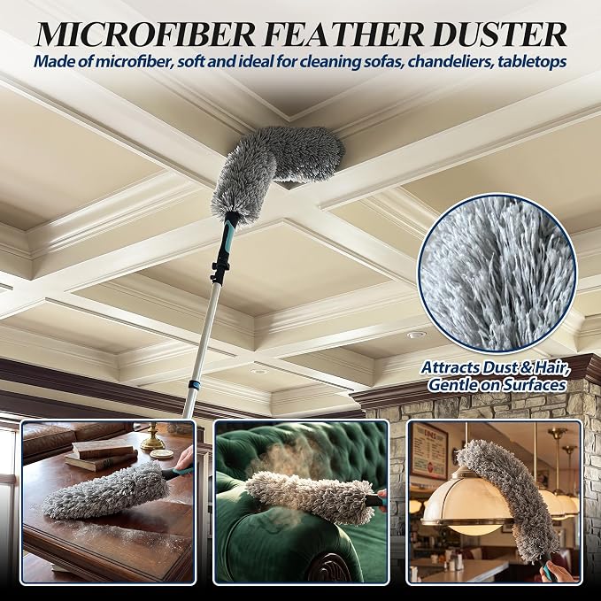 COVERONICS 20FT High Duster Cleaning Tools with 3-12FT Extension Poles | Reusable Fan Duster Cleaning Kits with Ceiling Fan Cleaner Duster, Window Squeegee, Microfiber Feather Duster & Cobweb Duster
