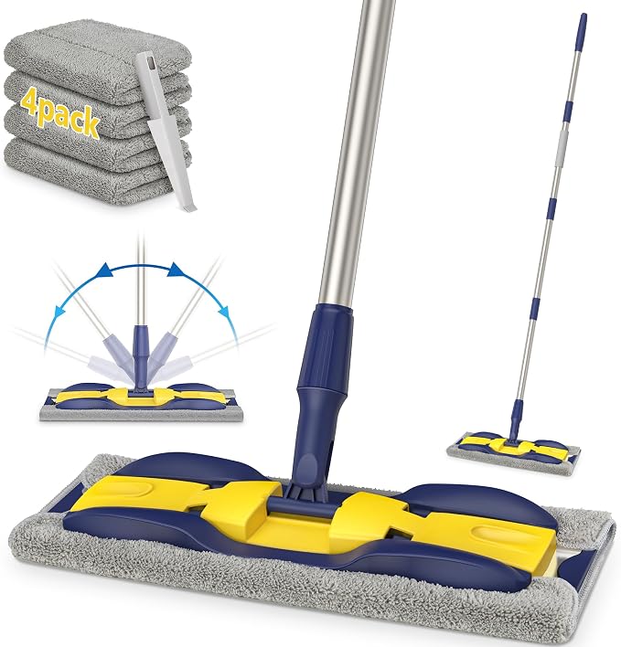 Microfiber Mops for Floor Cleaning: Flat Hardwood Floor Mop 4 Washable Pads | 59" Adjustable Handle, 360° Rotating Head, Commercial Dust Mop for kitchen Bathroom Tile Laminate Wood Vinyl Multi-surface