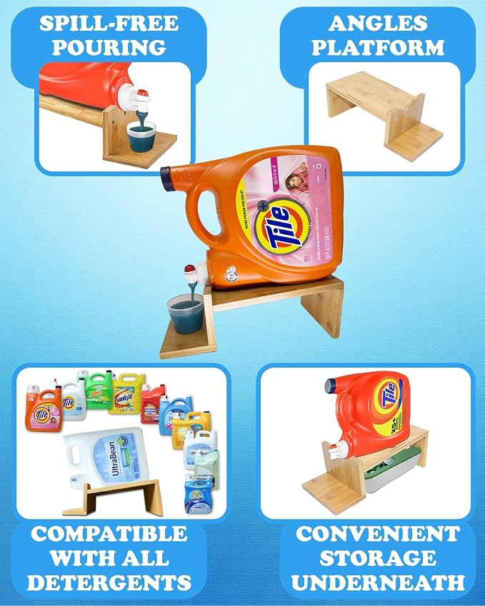 Liquid Laundry Detergent Holder Stand with Tray & Strap - 1 Pack - Wood | Easy Pouring, Rubber Feet, Angled Stand, Fabric Softener Dispenser for Laundry Room Organization & Storage