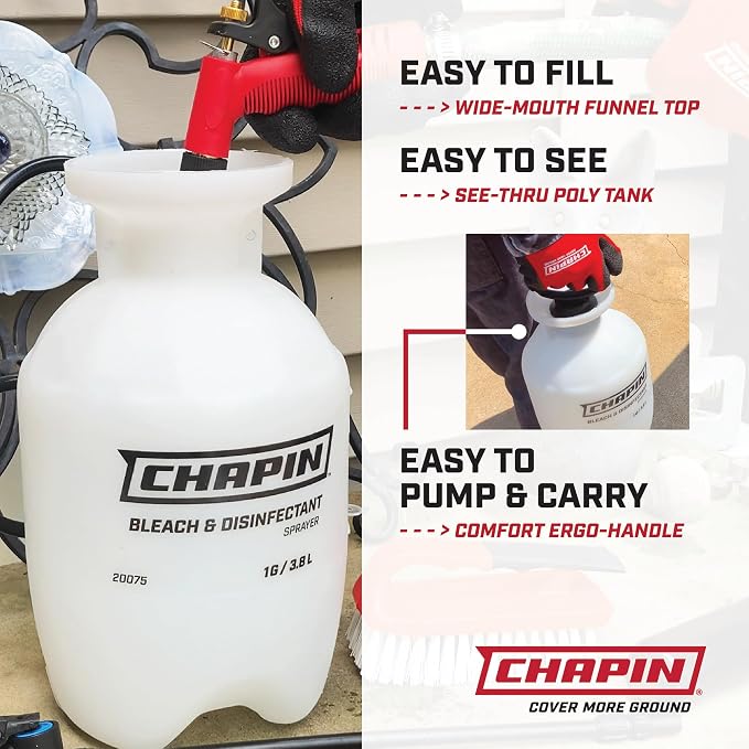 CHAPIN 1-Gallon Bleach Sprayer, Built for Disinfecting Tasks | Chemical-resistant tank and seals; ideal for mold removal, disinfecting and cleaner applications with nozzle and 40-in hose