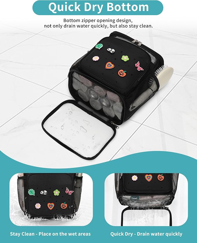 Shower Caddy Portable, Hanging Shower Caddy for College Dorm Room Essentials, Mesh Shower Bag with DIY Decoration Charms, Large Capacity Toiletry Bag for Gym, Swiming, Camping, Bathroom, Beach, Travel