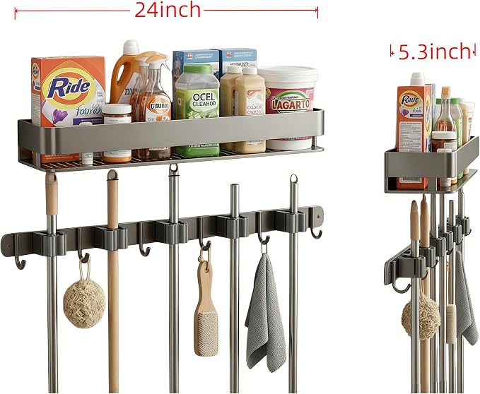 Broom Holder Wall Mount 24 Inch, Heavy-Duty Hooks & Sturdy Anti-Fall Large Capacity Shelf, Holds Brooms, Mops, Vacuums & Cleaning Supplies for Laundry Room, Garage and Closet