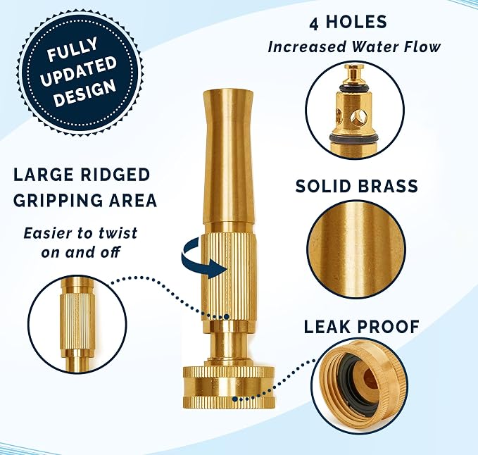 Brass Adjustable Nozzle, Twist Garden Hose Sprayer, Heavy-Duty Power Spray Attachment, High Pressure Water Jet with ¾” Standard Threading, Includes 2 Extra Rubber Washers - 2-PACK