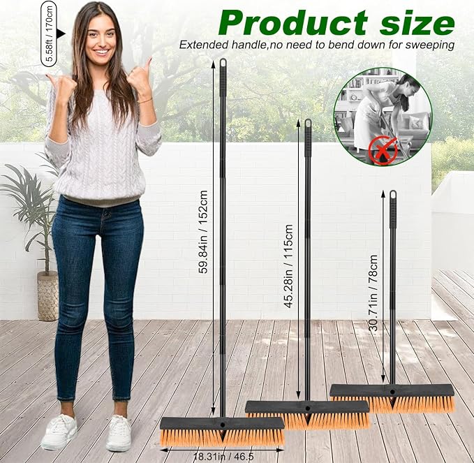 18 Inches Push Broom Outdoor- Heavy Duty Commercial Broom with 64.5" Long Handle and Stiff Bristles for Patio Garage Deck Concrete Wood Stone Tile Driveway Yard Warehouse Shop Floor Cleaning Broom