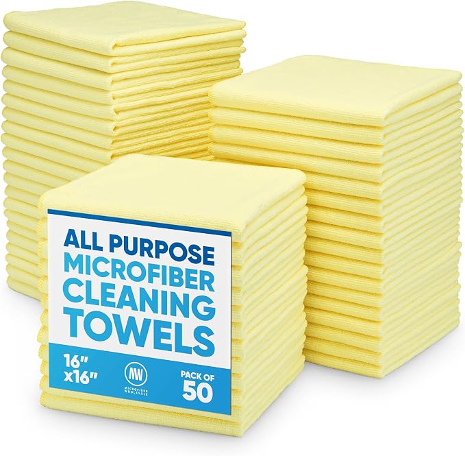 Microfiber Wholesale - 16"x16" 50 Pack Microfiber Cleaning Cloths, All-Purpose Shop Rags for Janitorial, Auto Detailing, Restaurants & Home Use — Reusable, Machine Washable (Yellow)