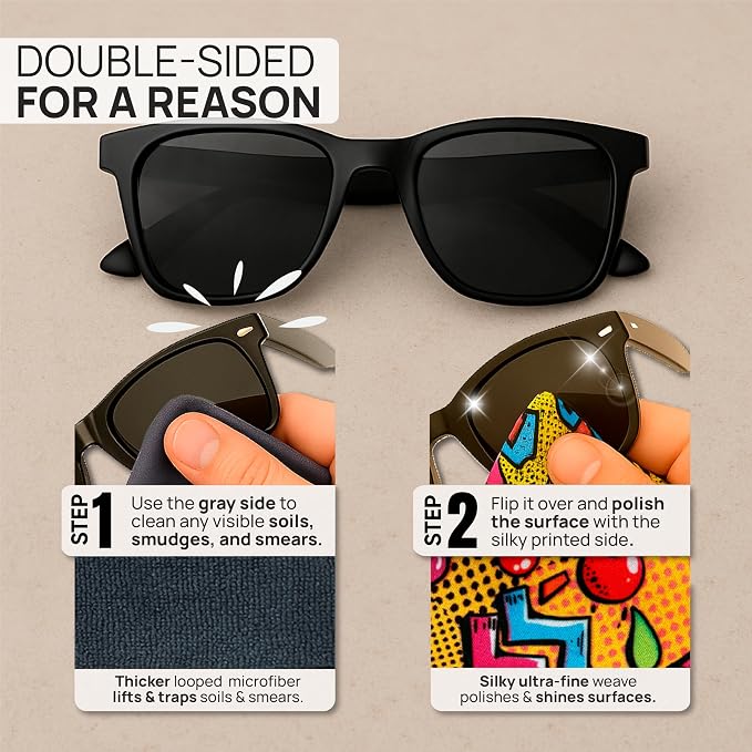 Microfiber Wholesale Quick Cloth Glasses Cleaning Cloths – 5x7 Popart | 2 Pack with Case | Double-Sided Lens Cleaner for Eyeglasses, Camera, Screens & Glass | Reusable Microfiber Glass Polishing