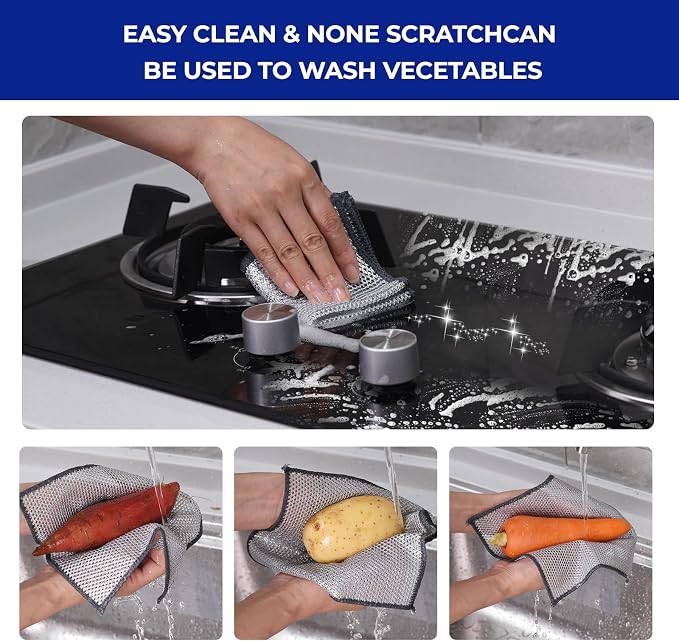 Wangjinpeng 12PK Non-Scratch Steel Wool Dishcloths 9.84X9.84 in | metal scrubber,wet & dry clening,multipurpose cleaning cloths for dishes,great for cookware, sinks, dishes and stove tops