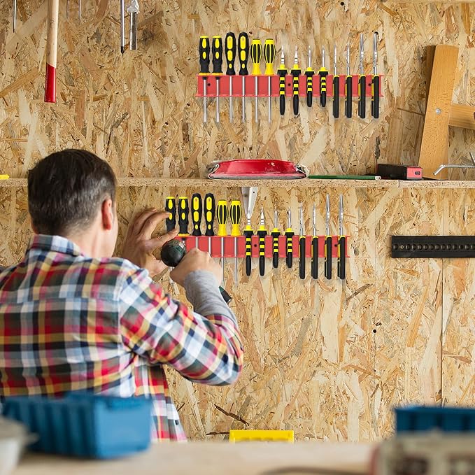 Screwdriver Plier Organizer Wall Mount,16" Screwdriver Holder,Red | 14 Holes Plier Holder,Heavy Duty Metal,Easy Install,Screw Organizer for Garage,Workshop,Workbench,Tool Chest,Space Saving