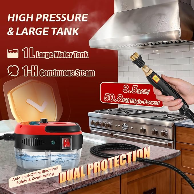 2500W Handheld Steam Cleaner, Pressurized Steam Cleaning Machine with 3 Brush Heads, 20s Heat Up, 1L Tank, Multipurpose Mini Portable Steamer for Tile, Grout, Furniture, Kitchen, Car, Home