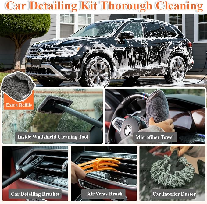 Complete Car Wash Kit with 60inch Heavy-Duty Extension Pole | Soft Car Wash Brush, Wheel & Tire Brush, Scratch-Free Car Mop Mitt & Window Squeegee for Car Exterior & Interior Cleaning