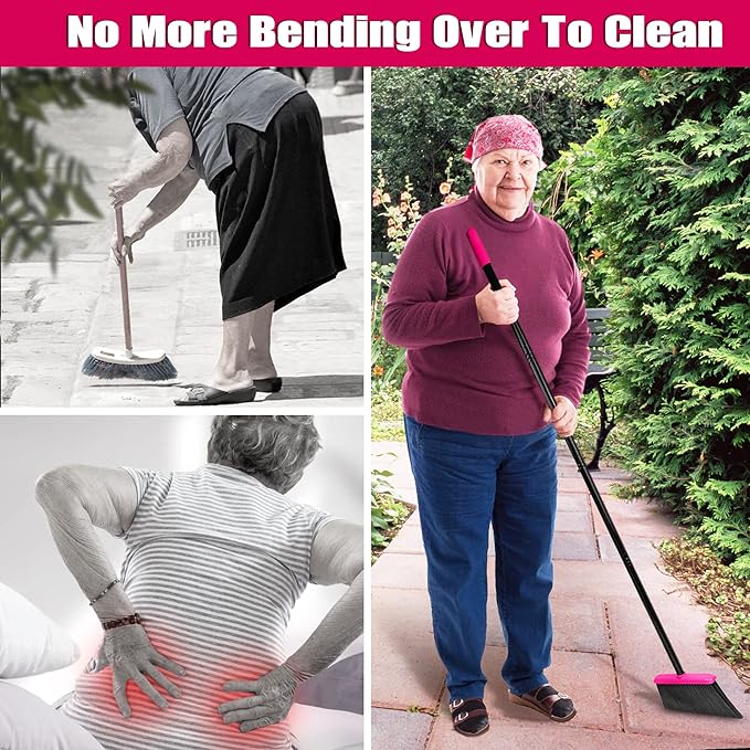 JEHONN Broom with Dustpan Combo Set, Long Handle Lightweight Indoor Broom Set, Upright Standing Dust Pan with Comb Teeth Store Sweep Set for Home Room Kitchen Office Lobby (Rose Red)