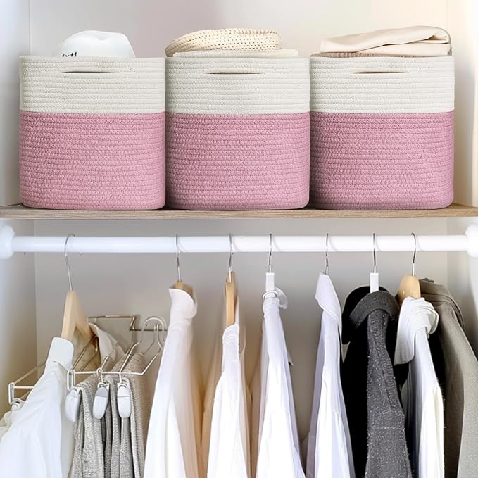 11x11 Cube Storage Bin - 3 Pack Woven Storage Cubes Organizer, 11 Inch Cotton Rope Baskets for Organizing, Decorative Square Shelf Baskets Closet Bins, Toy Boxes for Girls, Pink Room Decor