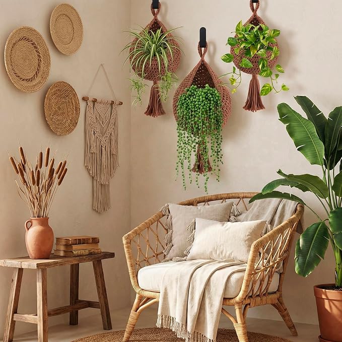 Honeydak 3 Hanging Baskets, White, Cotton Rope, Tassel | Wicker Wall Baskets with Hooks for Fruit Vegetable Onion Storage, Teardrop Organizer for Kitchen, Boho Farmhouse Decor