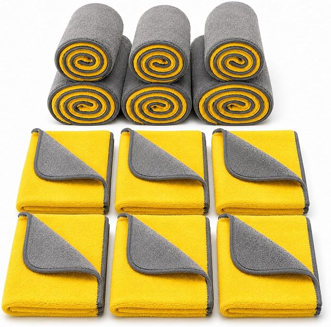 Microfiber Towels for Cars 12 Pack, 16" x 24" Yellow/Grey 500 GSM Professional Car Detailing Towels, Soft Stitched Edge Cloths for Washing, Polishing, Buffing, Glass & Interior