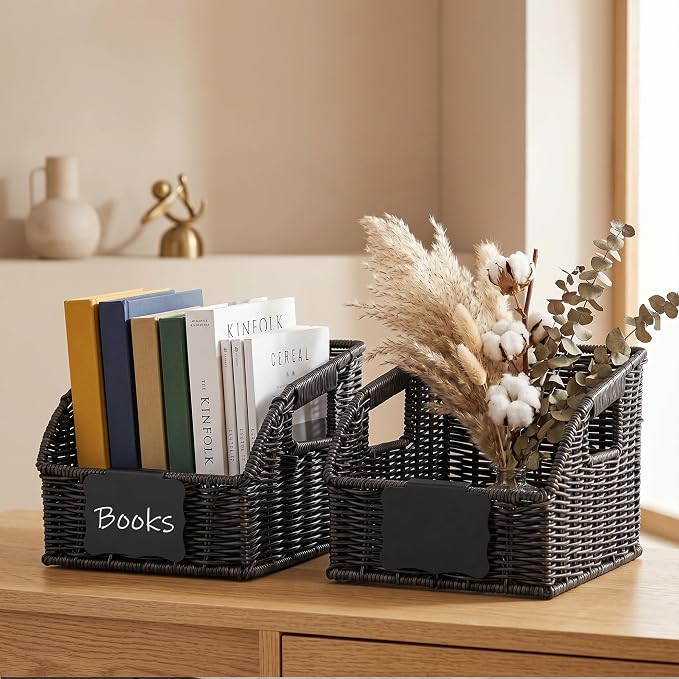 Brownlily Faux Wicker Pantry Storage Baskets, Black-Single Set (3-Piece) | Handwoven Baskets for Organizing with Built-in Handles, All-Purpose Storage Baskets with Chalkboard for Shelves,Laundry Room