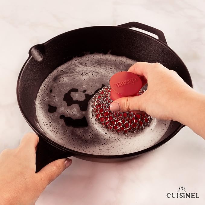 Cast Iron Chainmail Scrubber + Pan Scraper - Ergonomic Stainless and Silicone Cleaner for Pots and Skillets - Premium Food-Safe Design - Easy to Clean Dishwasher Safe Cookware Sponge Kitchen Accessory