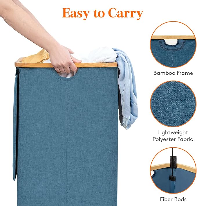 Lifewit 105L Laundry Basket with Lid, Clothes Hampers for Laundry with Bamboo Handles and 1 Removable Bag, Large Foldable Laundry Hamper for Bedroom, Bathroom, Dorm, Laundry Room, Dark Blue